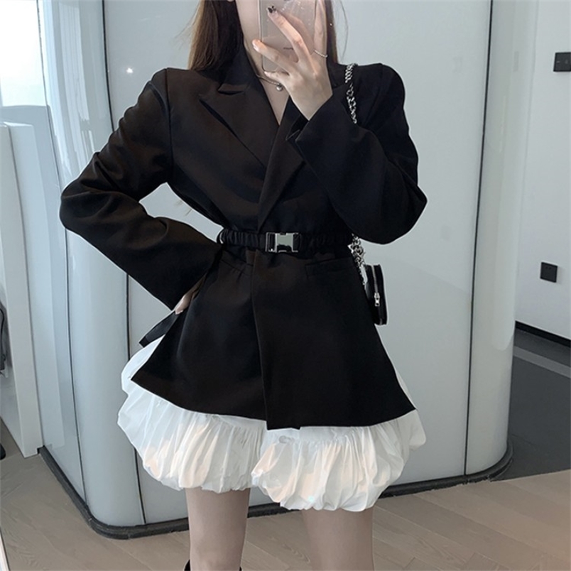 Elegant Women Spring Fashion Office OL Ladies Black Notched Blazers Coat With Belt + White Mini Skirts Suit 210519