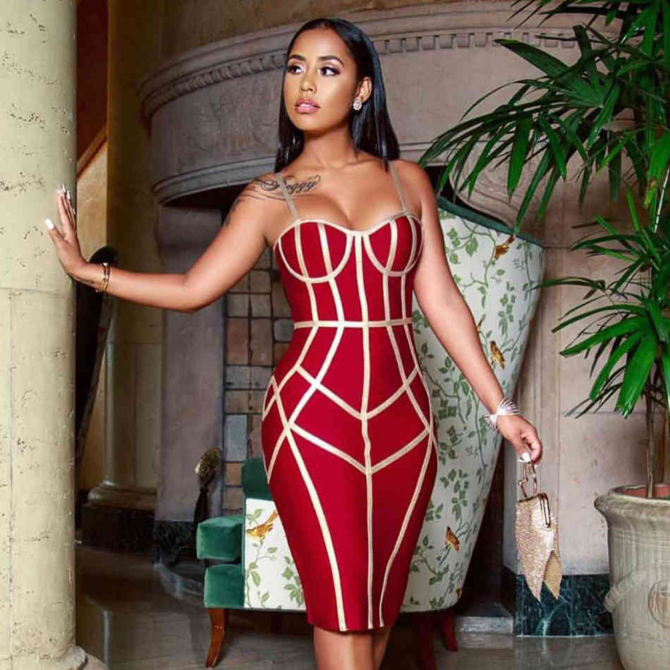 Summer Bodycon Bandage Dress Women Sexy Spaghetti Strap Sleeveless Club Knee Length Celebrity Evening Party 210423