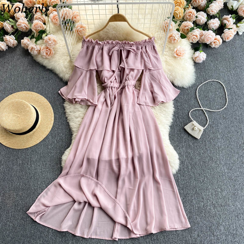 Women Dress Summer Robe Beach Style Slash Neck Off Shoulder Flared Sleeves Slim Vestidos Korean Ruffles Dresses 210519