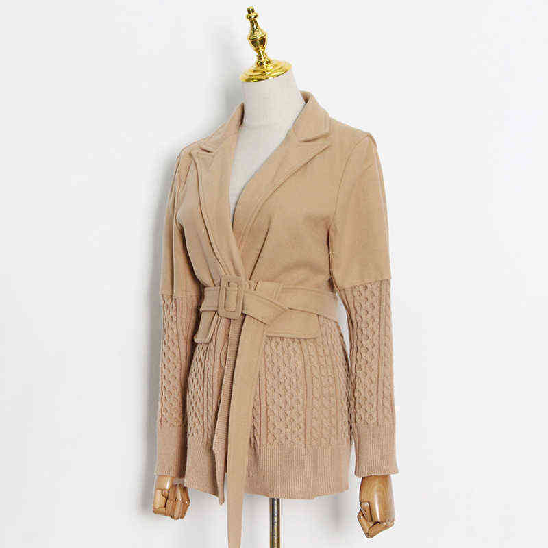 TWOTWINSTYLE Korean Fashion Female Blazer Notched Long Sleeve Patchwork Knitted Straight Loose Coats For Women Autumn Stylish 211122