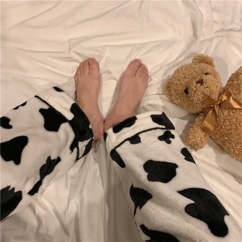 QWEEK Velvet Cow Print Pajama Woman Winter Warm Two Piece Set Sleepwear Pyjama Pour Femme Lounge Wear Trouser Suits thicken 210928