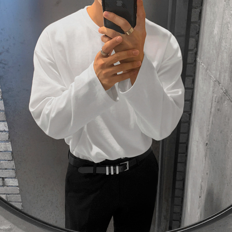 IEFB / men's wear spring long-sleeved T-shirt Korean style trendy round neck loose men's base white all-match male's tops 9Y4091 210524