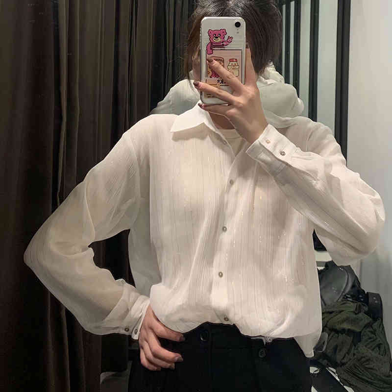 Women Retro Simplicity Temperament Golden Lines Translucent Shirt Female Loose Lapel Long Sleeve Chic Top 210520