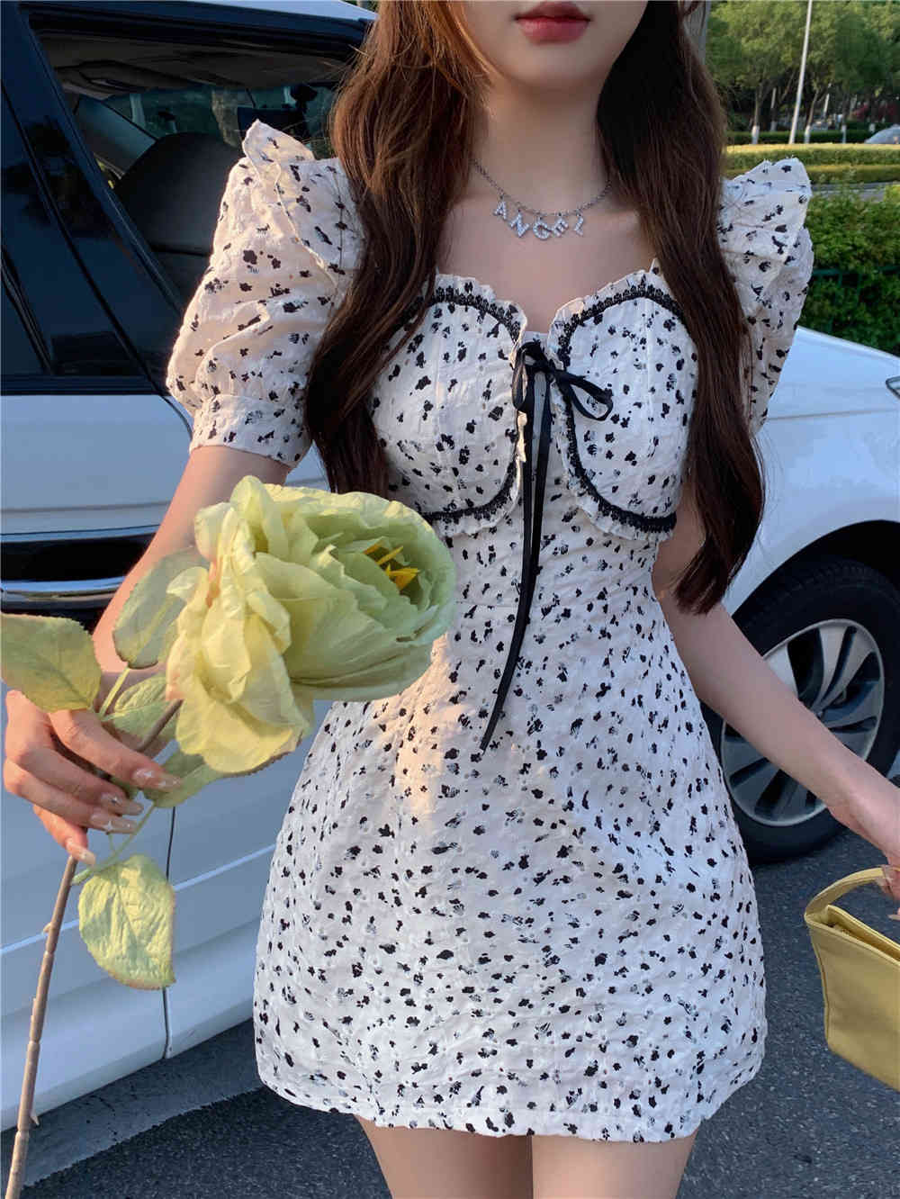 Summer Floral Dress Women French Style Puff Sleeve Chiffon Party Vintage Casual Slim Mini 210519