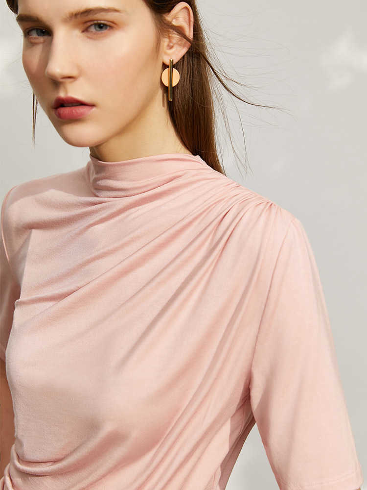 Minimalism Summer Fashion Women's Tshirt Causal Solid Folds Slim Fit Female Offical Lady Tops 12140371 210527