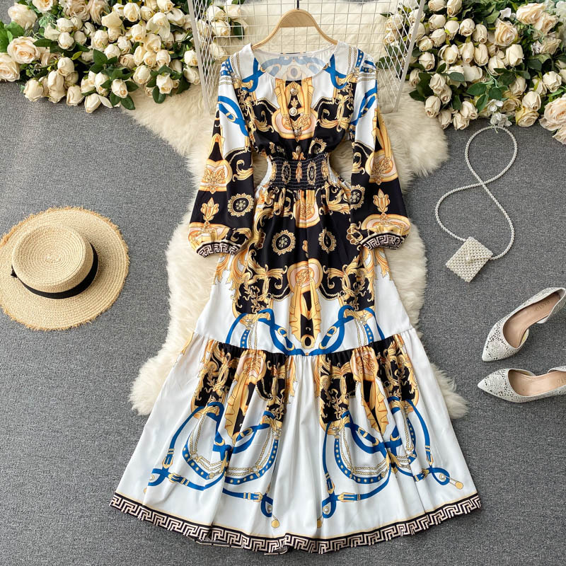 Spring Elastic Ruched Vacation Long Dress Boho Retro Print Maxi Dress Women O Neck Puff Sleeve A-line Ruffles Dresses 210521