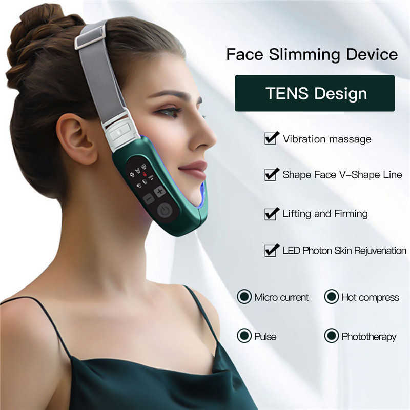 Warm Cold Face Slimming Belt LED Pon Double Chin Reducer Electric Slimmer Shaper Band Light Therapy Acne Wrinkle Remover 210806
