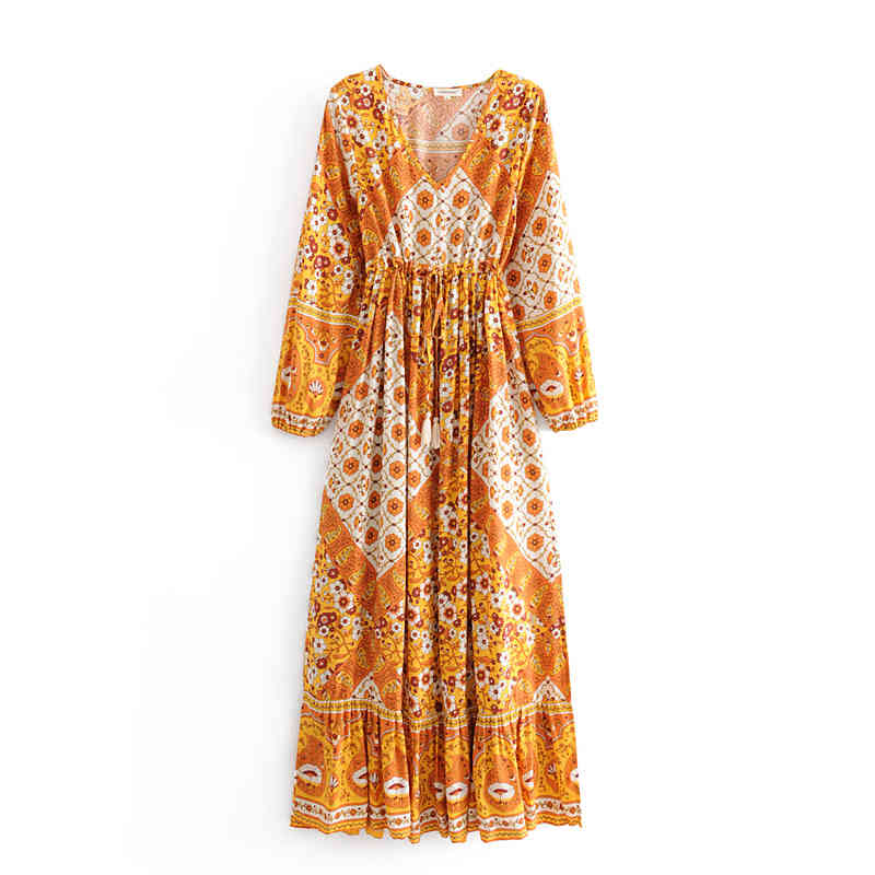 Bohemian Chic Floral Print Maxi Dress Women Holiday V-neck Tassel Fashion Beachwear Female Autumn Bow Sashes Long Dresses 210508