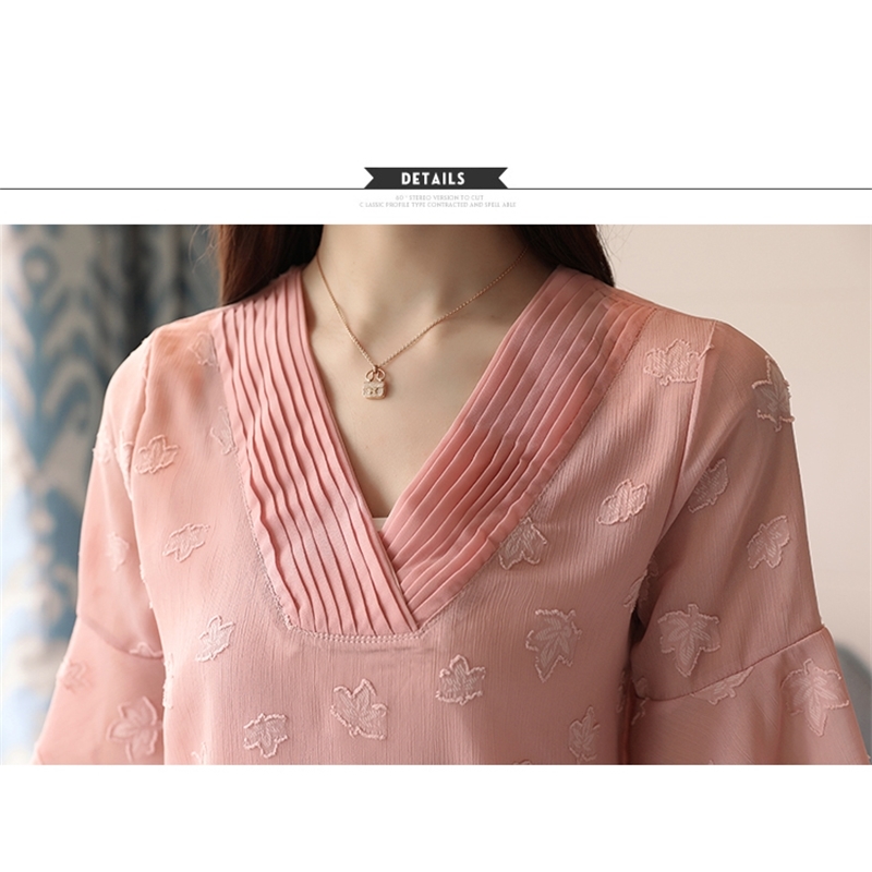 Summer Embroidery Organ Pleat Women Blouses Shirts V-neck Chiffon Shirt Short Sleeve Sweet Female Top Blusa 0391 40 210506