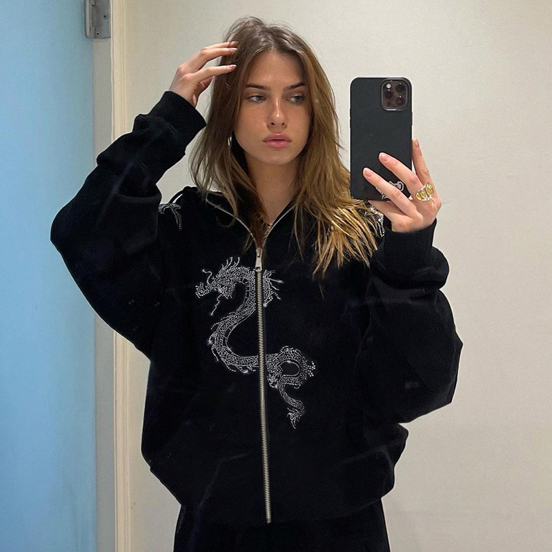 Women's Hoodie Dragon Pattern Rhinestone Inlaid Hoodie Street Fashion Trend Loose Long Sleeve Coat Women's Essential Warm Clothing For Autumn Winter, Blue
Women's Hoodie Dragon Pattern Rhinestone Inlaid Hoodie Street Fashion Trend Loose Long Sleeve Coat Women's Essential Warm Clothing For Autumn Winter, Blue