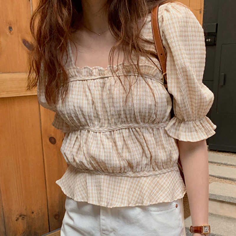 Korejpaa Women Shirt Summer Korean Chic Gentle Sweet Square Collar Plaid Wood Ear Stitching Pleated Puff Sleeve Blouses 210526