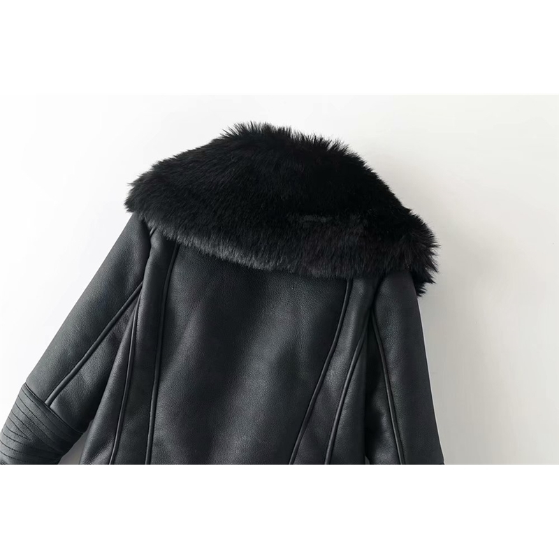 fashion women faux lamb wool fur leather jacket winter streetwear lady black outerwear with soft collar cool female suits 210527