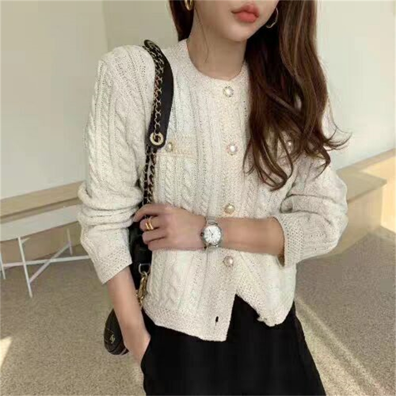 Elegant Women O-neck Knitted Cardigans Single-breasted Slim Twisted Sweater Female Autumn Outwear Tops 210506