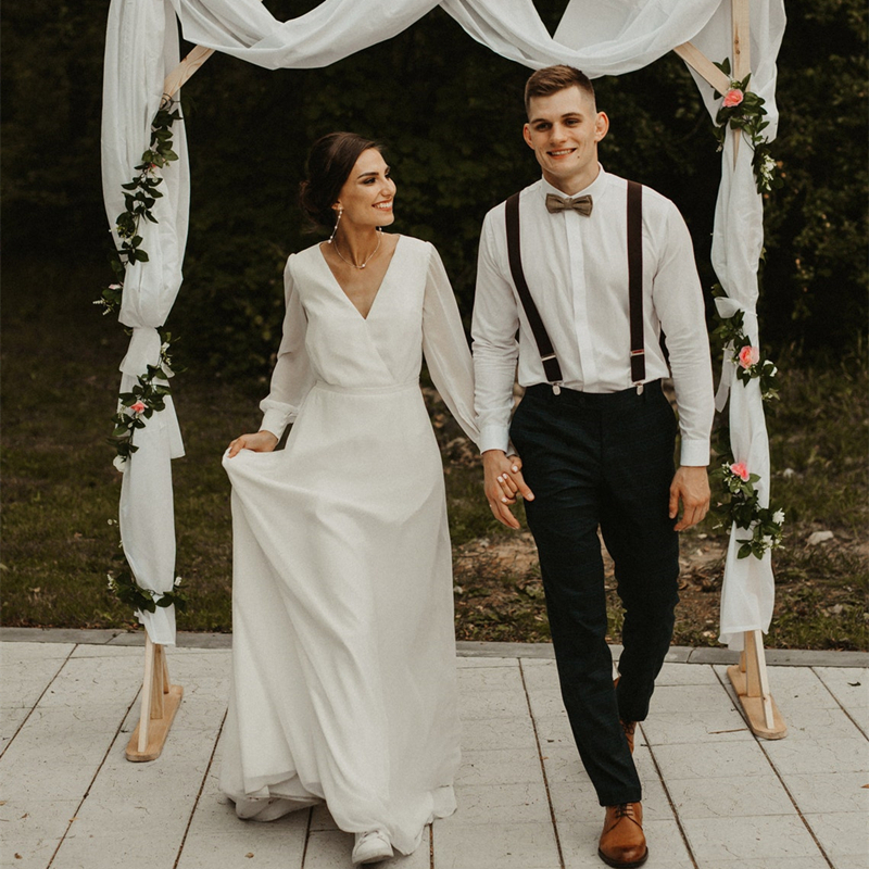 Bohemian A Line Chiffon Wedding Dresses With Long Sleeves Bridal Gowns White V-Neck Boho Beach Bride Reception Gown 2022 Simple Vestidos De Novia Summ