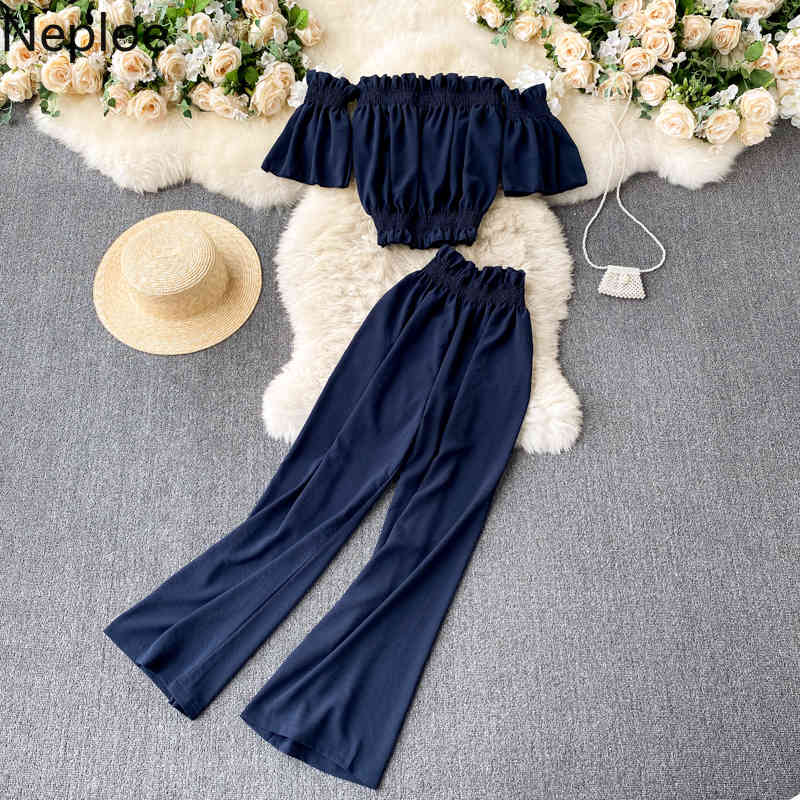 Neploe 2 Piece Outfits Women Slash Neck Ruffles Shirt Crop Tops High Wasit Wide Leg Pans Femme Roupas Two Piece Set Chic Suit 210422
