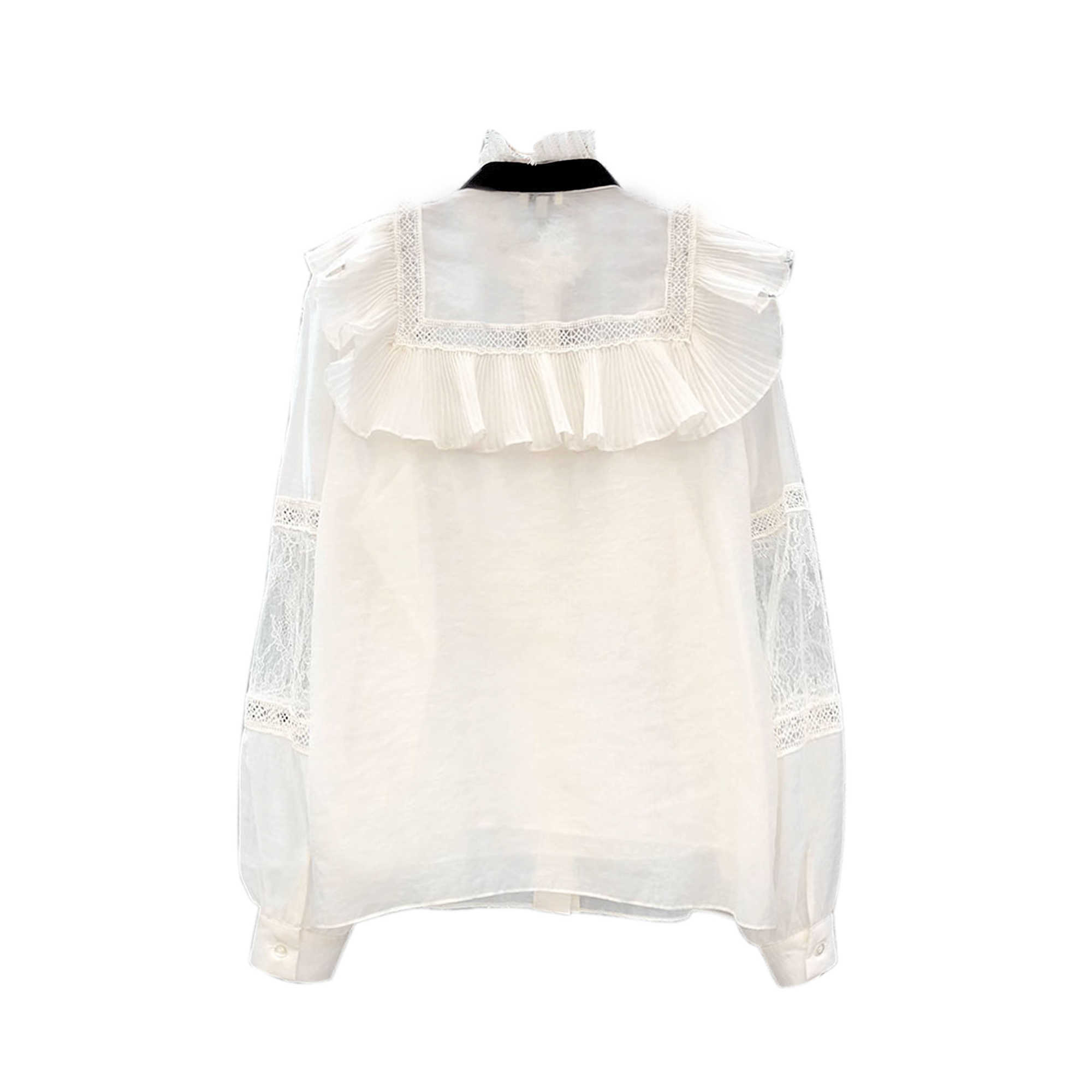 VANOVICH Korean Spring and Summer Stand Collar Bow Lotus Leaf Side Lace Shirt Female Casual Women-blouses 210615Z