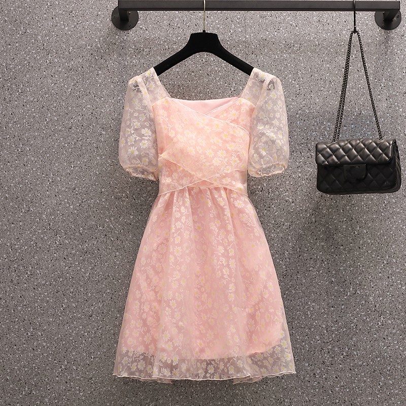 Fashion Summer Women's Sweet Square Collar Flowers Pink Chiffon Dress Slim Puff Sleeve Girls Lace Up Mini Dresses Plus Size 210519