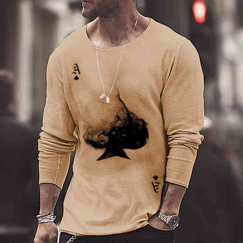Summer Mens Clothing Long Sleeve T Shirt Men Black A Print Round Neck Shirts Casual Ace of Spades Slim Fit Tshirts Tops 210515