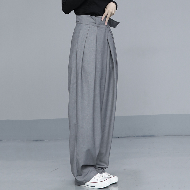 [EAM] High Waist Pleated Gray Brief Long Wide Leg Trousers New Loose Fit Pants Women Fashion Tide Spring Autumn 1T735 210319