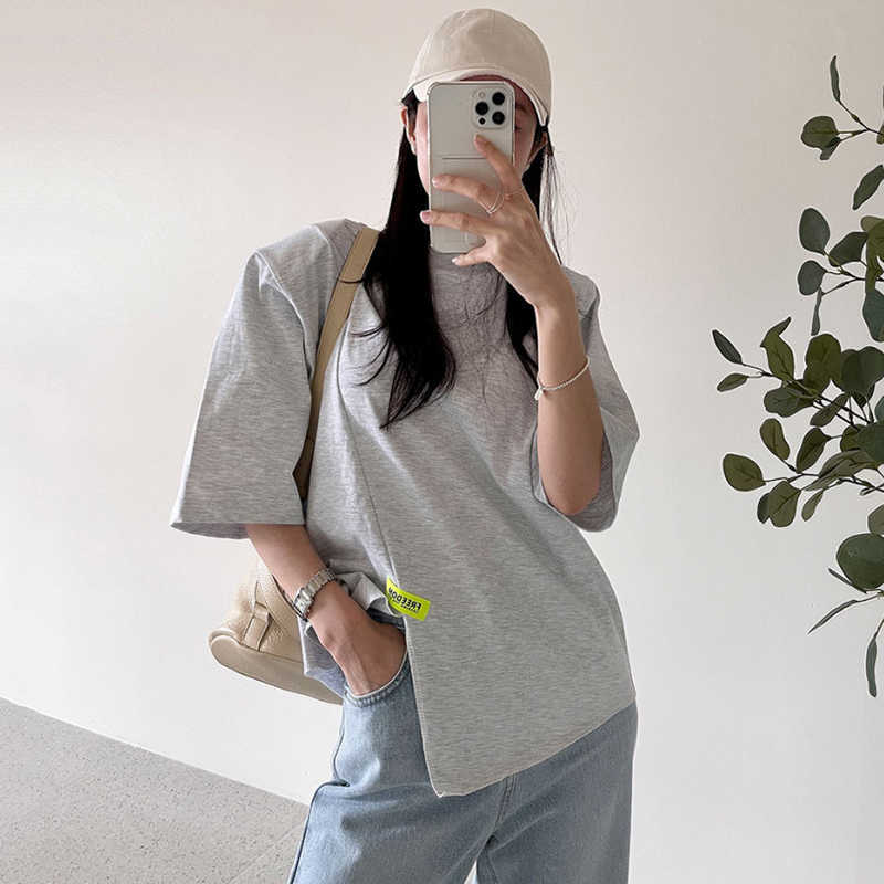 Korejpaa Women T-Shirt Summer Korean Chic All-Match Round Neck Loose Irregular Short-Sleeved Small Patches Decoration Tops 210526