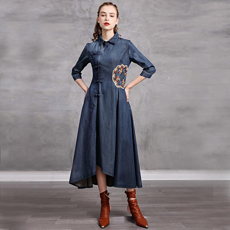 FairyNatural Ladies Chinese Style Embroidery Dresses Button Female Autumn Clothes 2021 Blue Retro Denim Slim Irregular Dress Casual