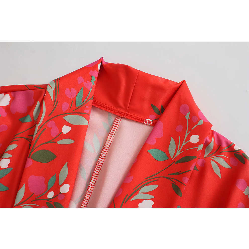 Summer Floral Printed Dress Women Belted Long Sleeves Vintage Casual Fashion Chic Lady Kimono Maxi dress Women 210709