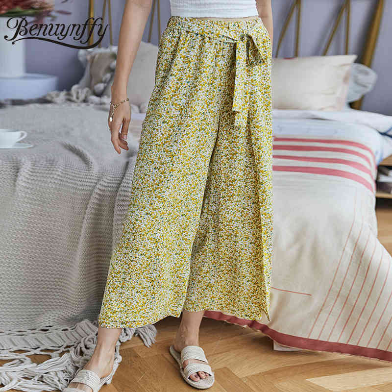 Bow Tie Floral Print Wide Leg Pants Women Summer Trousers Boho Holiday Casual High Elastic Waist Ladies Belt 210510