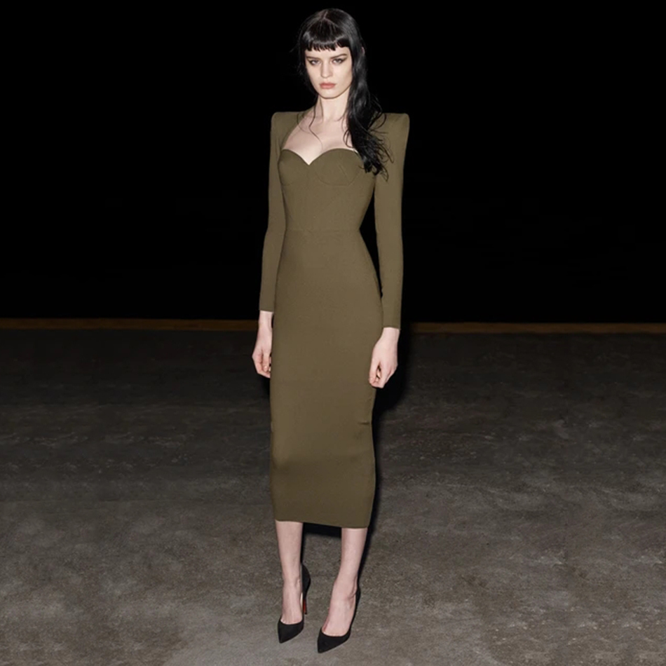 Free Autumn Women's Elegant Bandage Dress Sexy V-neck Long Sleeve Bodycon Midi Club Evening Party 210524