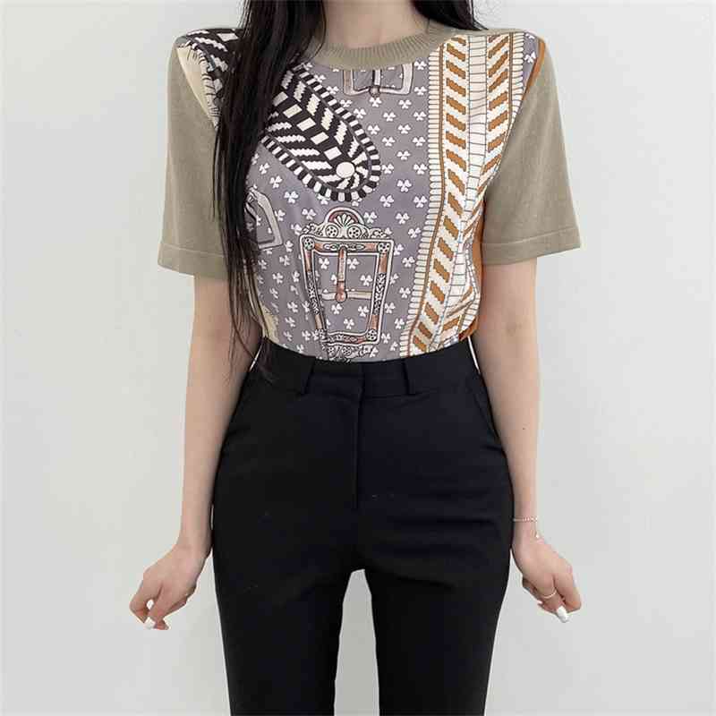 Summer Vintage Printed Knitted Pullover Sweater Women Short Sleeve O-neck Tops Korean Fashion Female Jumpers Mujer 210514