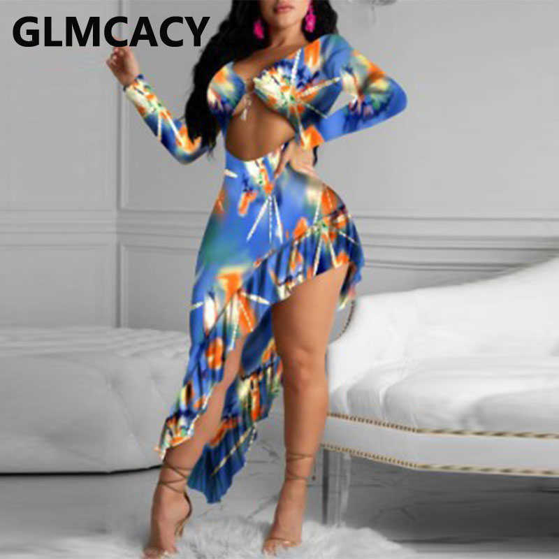 Women Long Sleeve Plunge V-neck Asymmetrical Hem Sexy Dress 210702