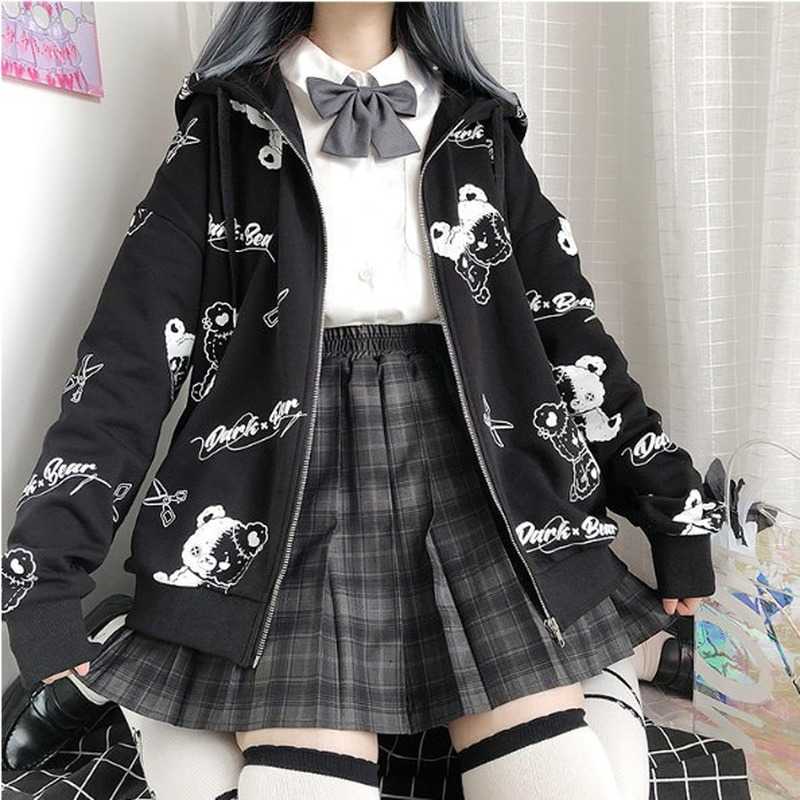 Deeptown Gothic Sweatshirt Women Black Zip Up Hoodie Fashion Autumn Clothes E Girl Hoodies Korean Long Sleeve Emo Pullover 211013