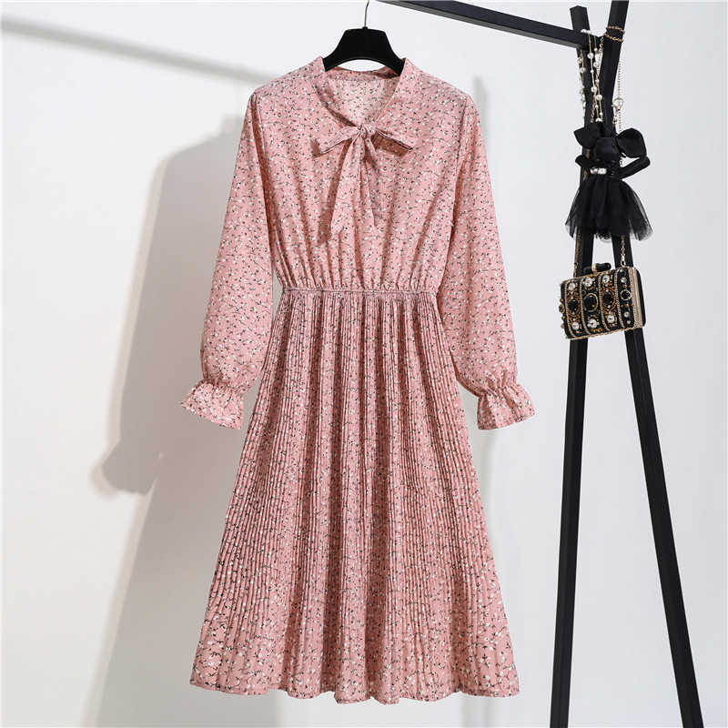 Women Casual Autumn Winter Dress Long Sleeve Bow Collar Lady Korean Style Vintage Floral Printed Chiffon Shirt Long Dresses 210630