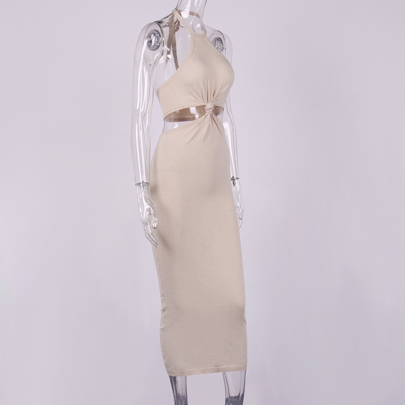 Sexy Tie Bow Halter Collar Women Dress Hollow Out Waist Backless Celebrity Party Club Bandage Long Dresses Vestidos 210429