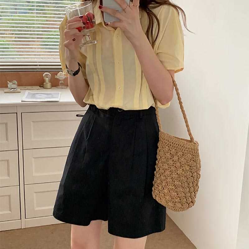 Summer Women Shorts Korean Fashion Bottoms Causal Solid High Waisted Wide Leg Short Feminimos 6H784 210603