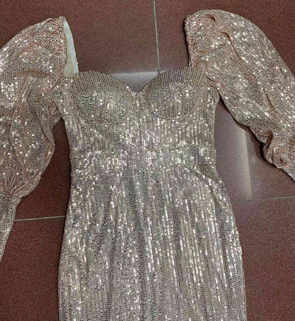 Free High Quality Sequins and Floor Dress Women Sexy Lantern Bodycon Fishtail Club Runway Party Vestidos 210524