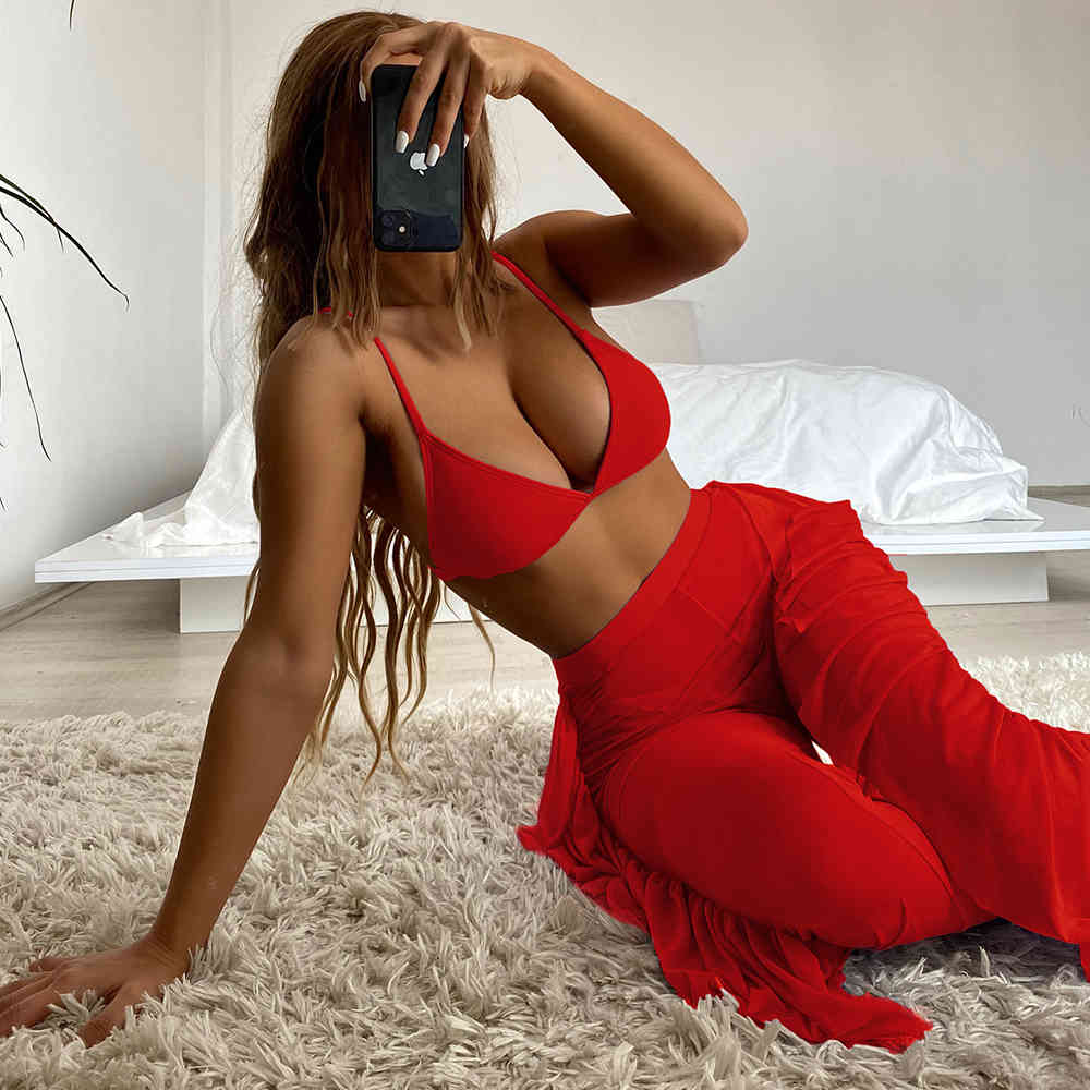 Three Pieces Bikini Set With Beach Cover Up Pants Swimwear Women Sexy Swimsuit Female Bather Bathing Suits Swim Lady 210521