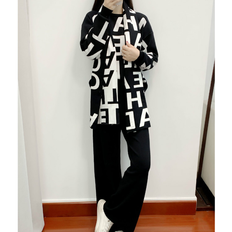 Women Knited Letter Sweater + Pants Cape Long Scarf 3PCS Suits Knit Pullovers Cappa Wraps Wide Leg Trousers Sets 210506