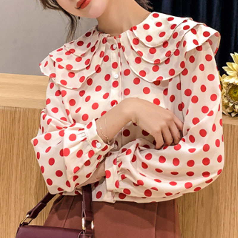 Autumn Fashion Women Tops Chiffon Blouses Long Sleeve Casual Polka Dot Clothing Sweet Ruffles Lady 5327 50 210508