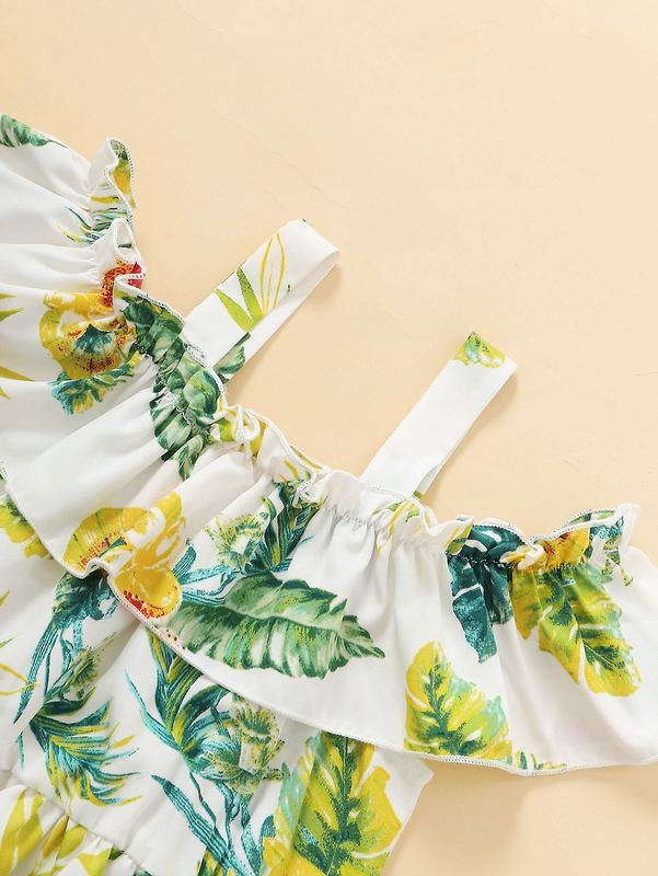 Toddler Girls Tropical Print Cold Shoulder Ruffle Trim Dress SHE