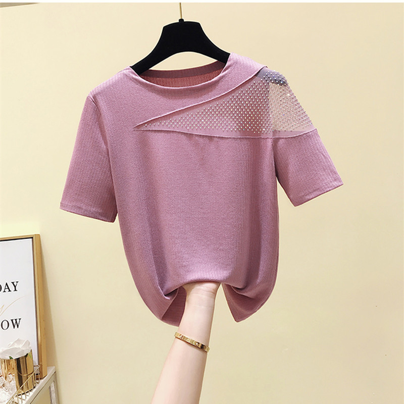 Summer Women's Short Sleeve O Neck Bling Patchwork Mesh T-Shirt Ladies Casual Pullover Tee Tops A3275 210428