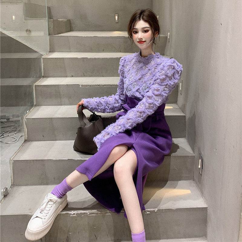 Chic Korean Spring Purple Lace Blouse Top Slim High Waist Bow Up Split Skirts Fashion Vintage Temperament Gentle Sets 210510