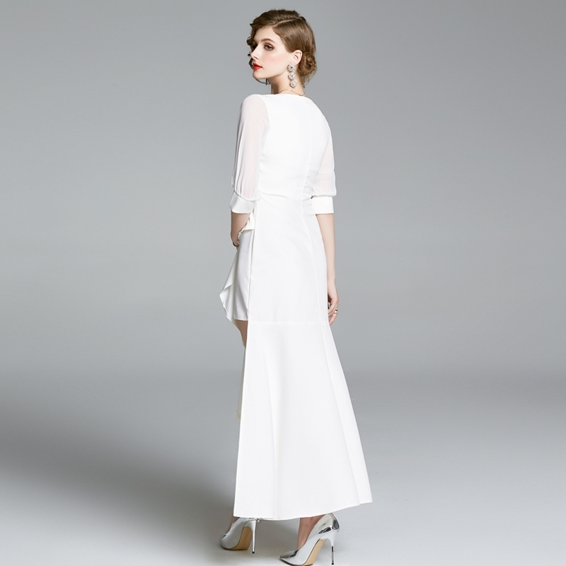 Arrival Fashion Elegant V-Neck Lady Party Dress Women Half Sleeve Ruffle White Mermaid Dresses Vestidos 210520