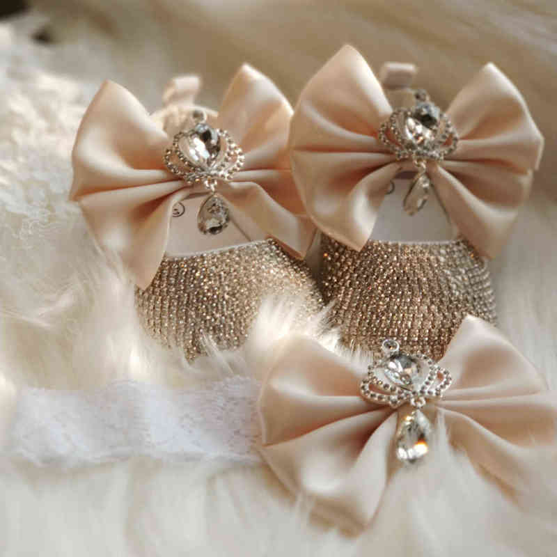 Dollbling Rhinestones Baby Girl Shoes First Walker Headband Set Sparkle Bling Crystals Princess Shoes Baby Shower Gift SH 220119
