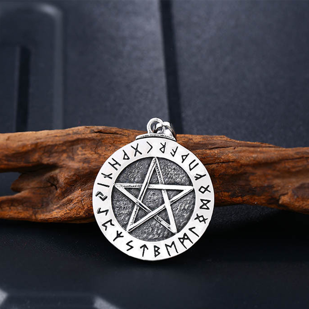 Vintage Men's Stainless Steel Pendant Necklace Norse Viking Runes Pentacle Pentagram Of Protection Amulet Star Charm Ball Chain