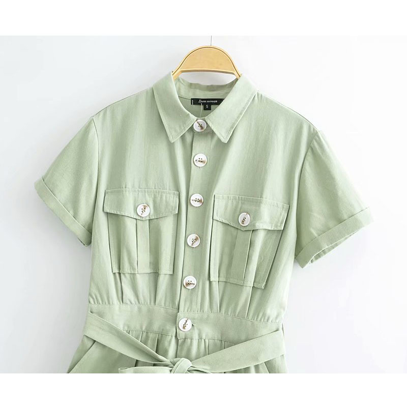 Chic Casual Belted Jumpsuit: Lapel Short Sleeves, Loose Fit With Pockets