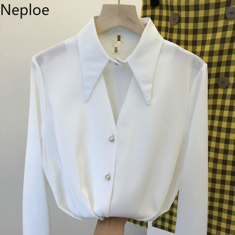 Neploe Chiffon Hollow Out Women Blouses Spring 2021 Turn Down Collar Single Breasted Shirt Solid Beading Long Sleeve Tops 49734 210317