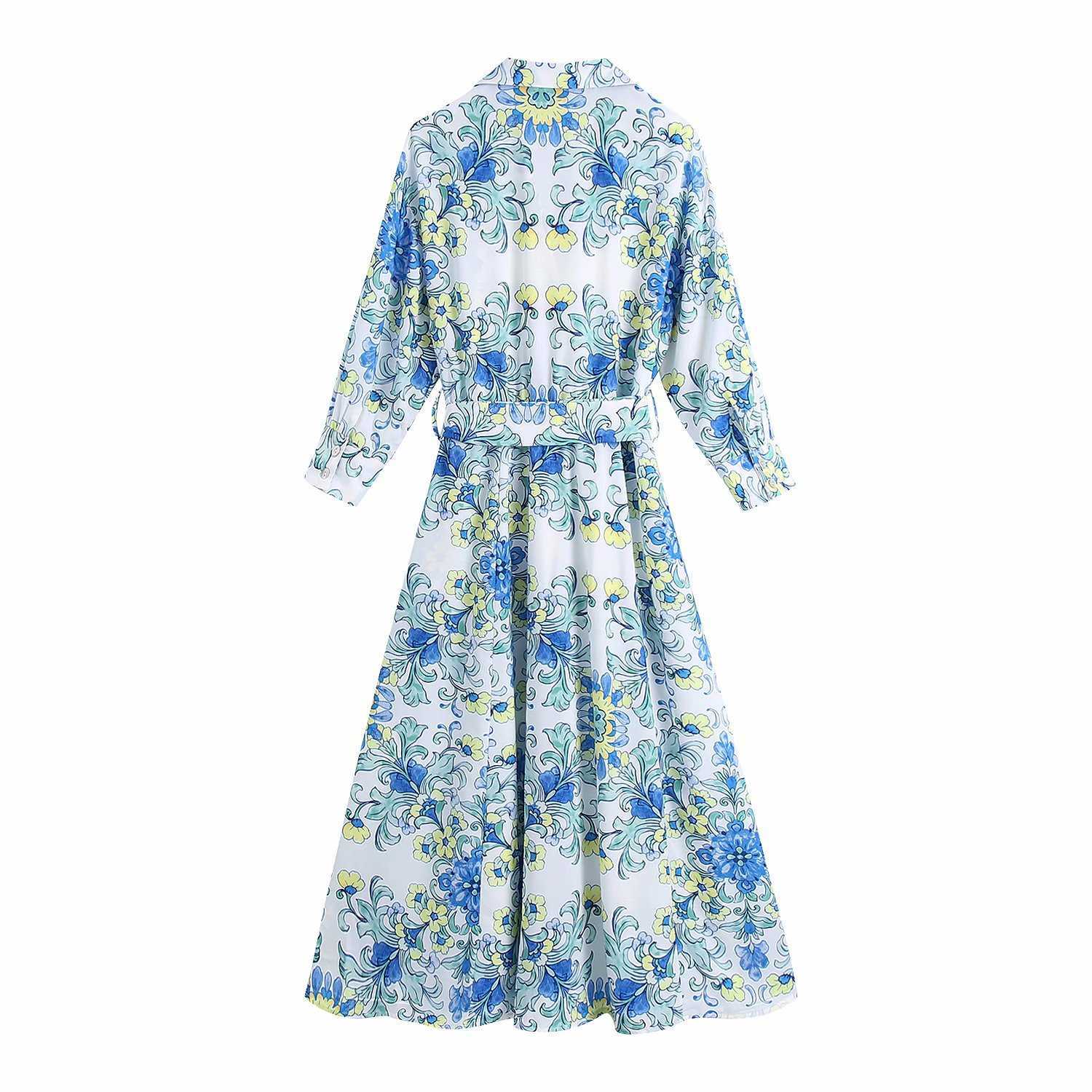Summer Floral Shirt Dress Women Belted Vintage Casual Fashion Chic Lady Midi Dress Women 210709