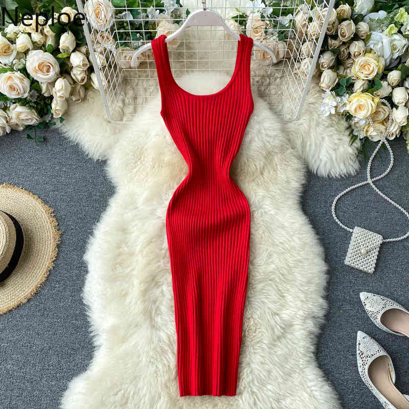 Neploe Sexy Woman Dress Korean Robe Square Collar Sleeveless Knitted Vestidos Mujer Summer Slim Bodycon Vintage Dresses 210422