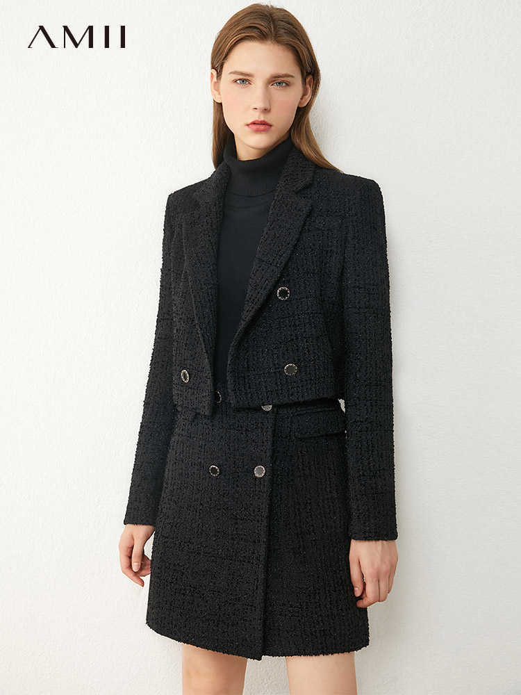 Minimalism Autumn Winter Fashion Coat For Women Vintage Tweed jacket High Waist Plaid Aline Mini Skirt Female 12030292 210527