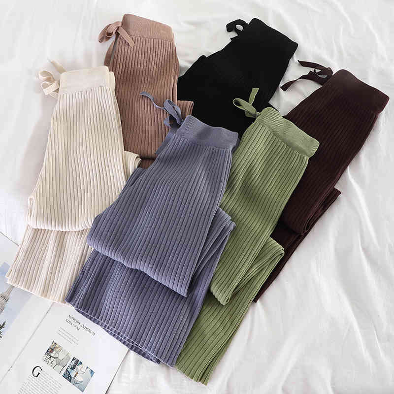 Women Knitted Wide Leg Pants Warm Fashion Autumn Winter Trousers Elastic High Waist Ankle-length Pant Korean 210519